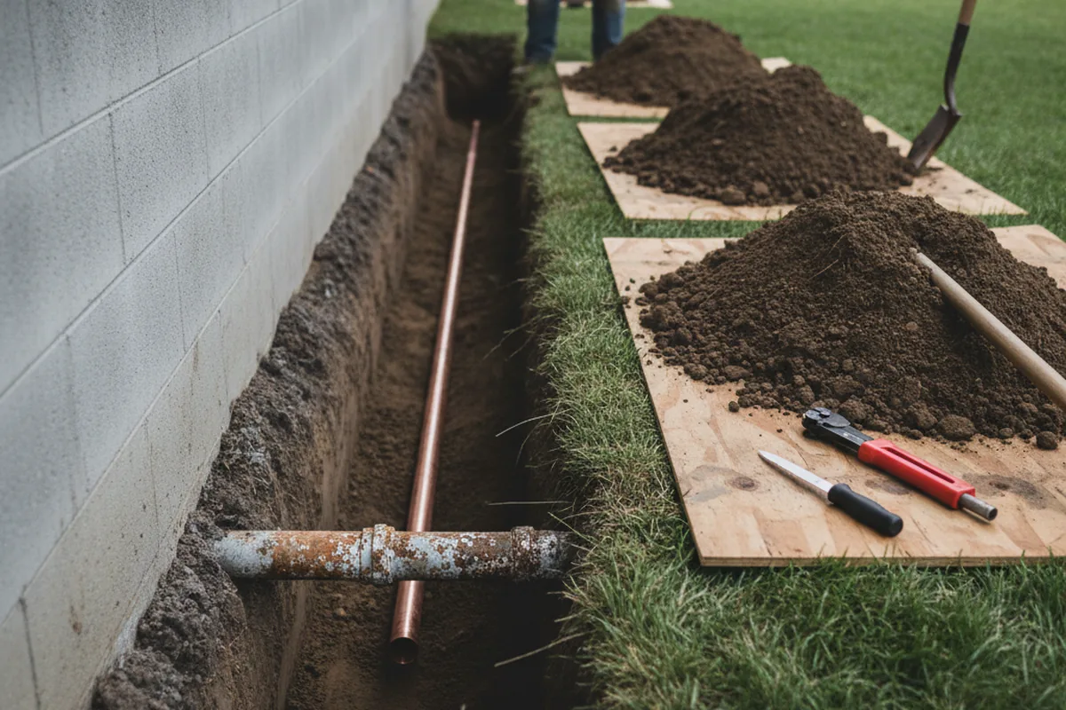 Excavated water line trench during Water Softener Installation in Oroville